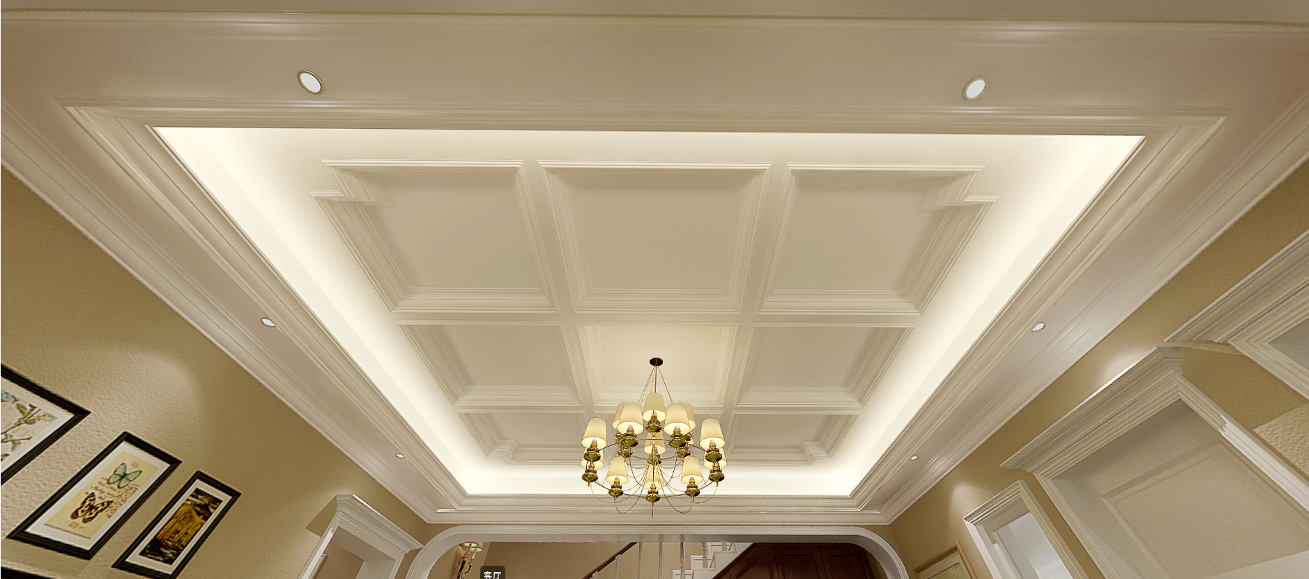 娱乐厅吊顶采用了井字梁的形式,并将其简化与调整,使之看起来更加的