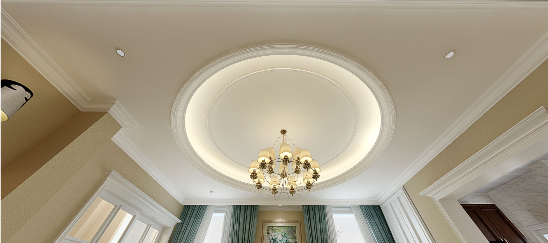 圆形的吊顶形式既照应了餐桌形式,又丰富了吊顶的形态.