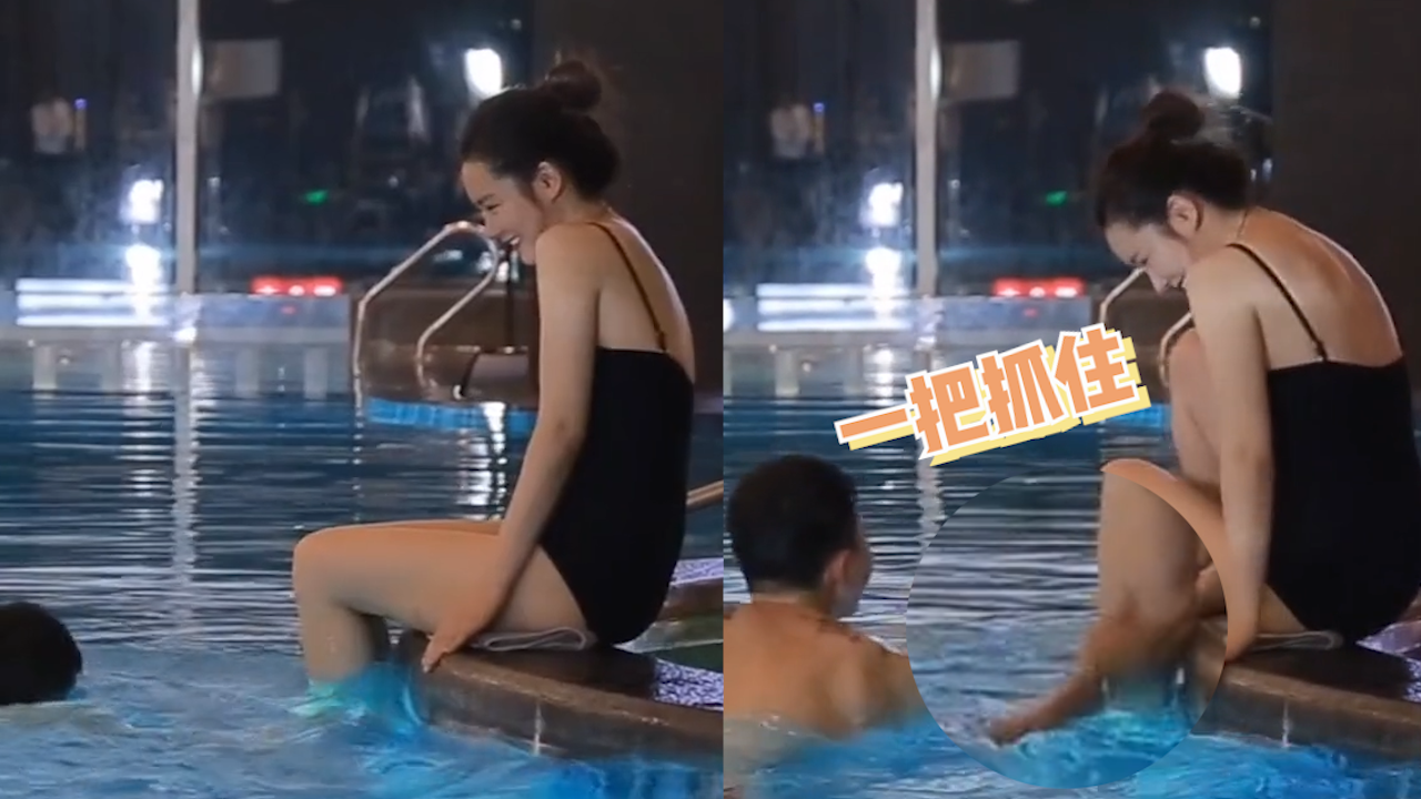 戚薇穿泳装和男星拍戏,泳池边戏水被抓住脚踝,网友:李承铉快来