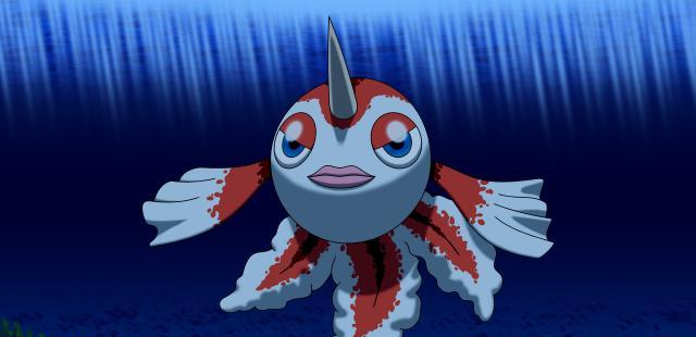 这只神奇宝贝的造型就跟它的名字一样,是一只有角的金鱼,虽然看起来不