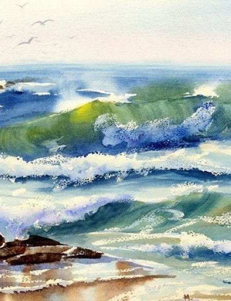 阳光,海浪和沙滩,mary ellen golden 的水彩画|林中鸟|威尔明顿|大海
