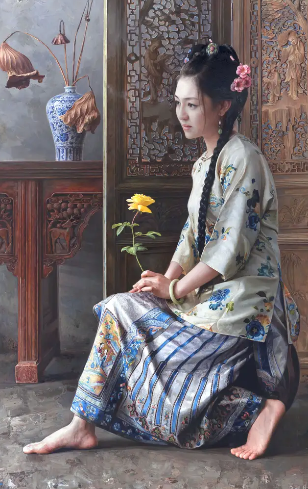 王明月笔下的中国古代女性油画,画中女性具有东方女子的含蓄之美