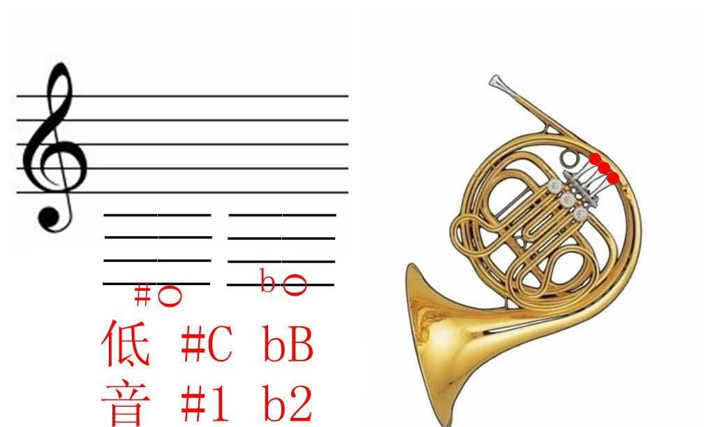 圆号"f调"低音升,降指法图,指法表