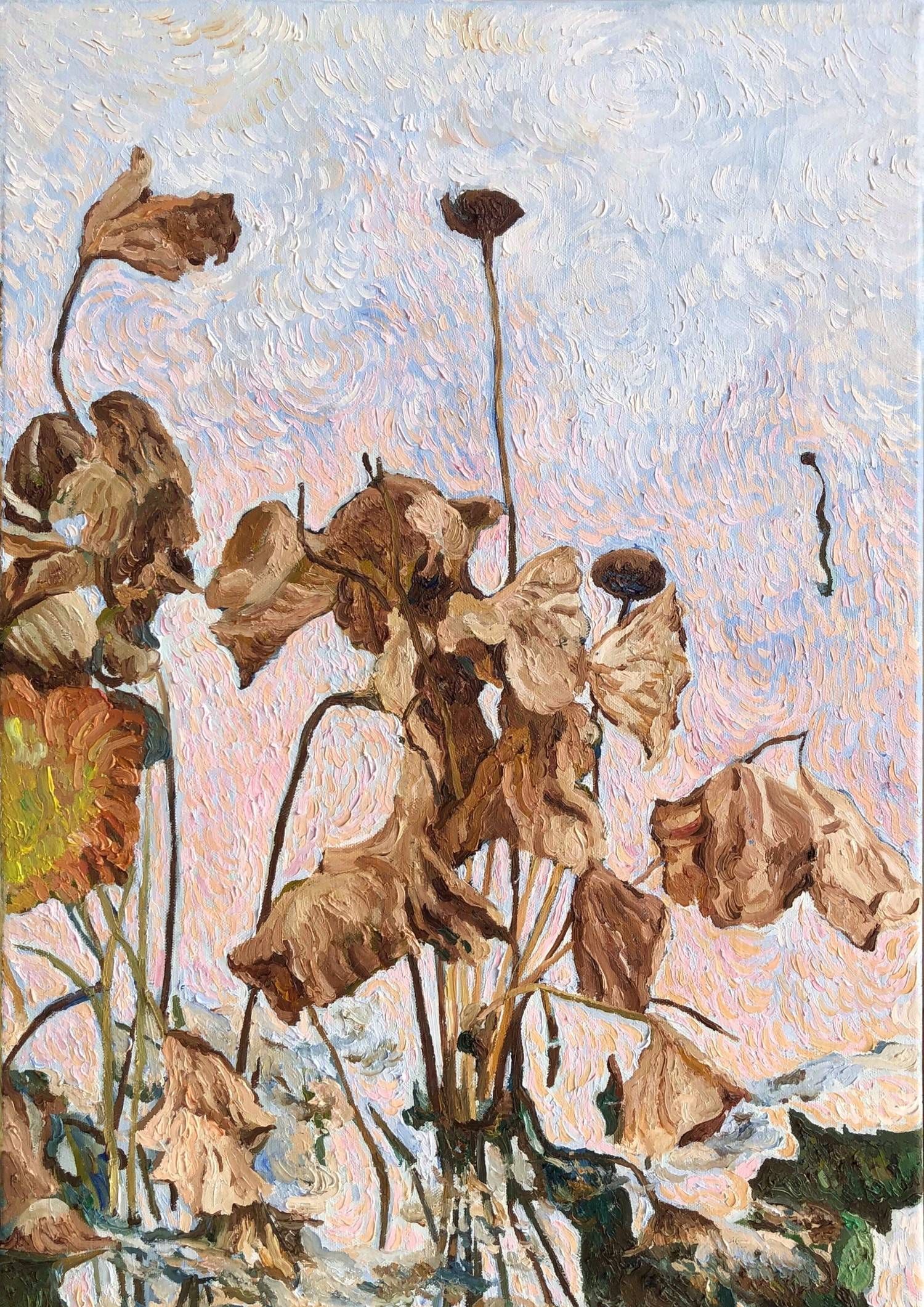 关于干枯荷叶的油画作品来自90后年轻画家沈秋斌|90后|荷叶|油画_新浪