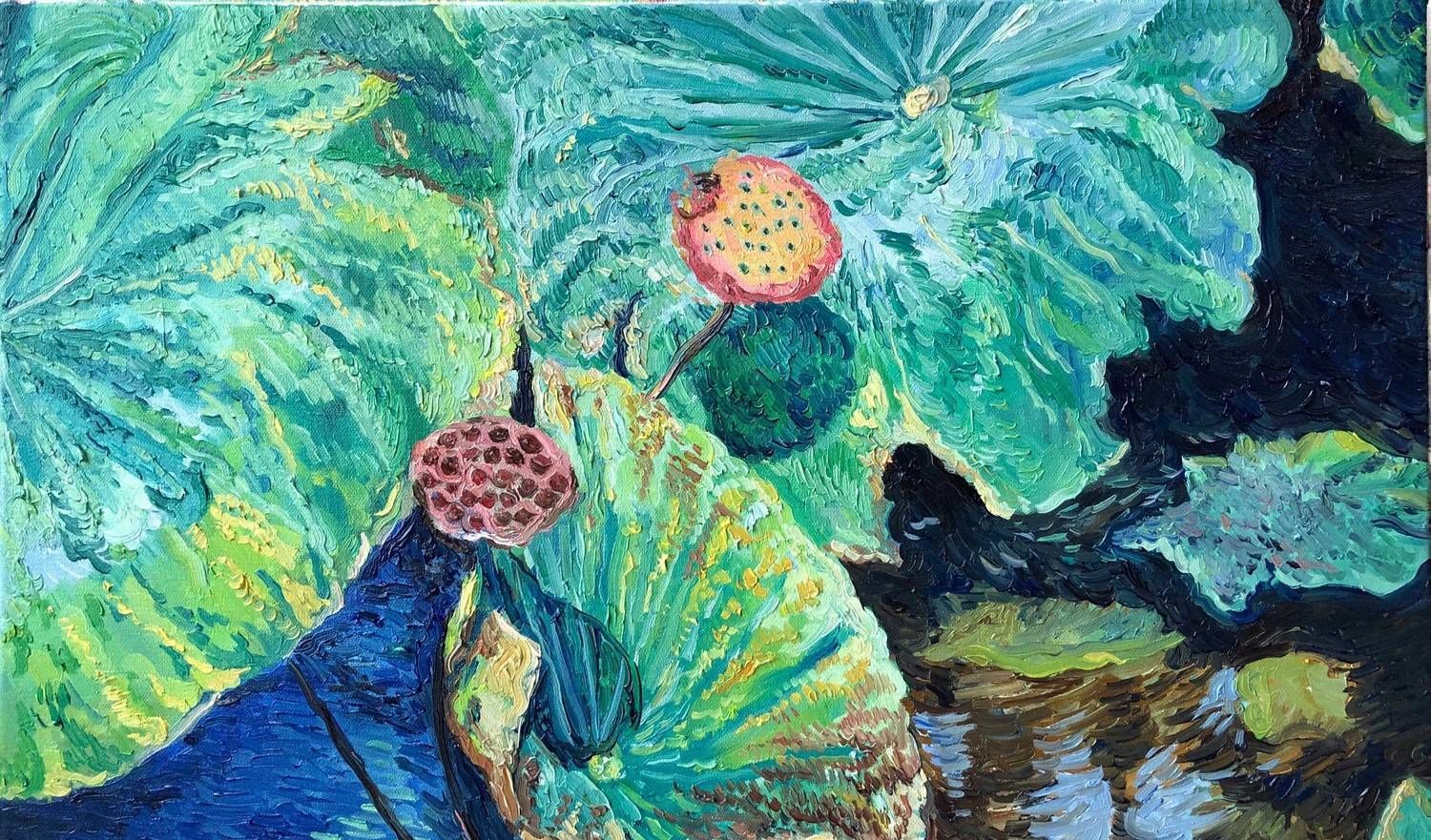 关于干枯荷叶的油画作品来自90后年轻画家沈秋斌|90后|荷叶|油画_新浪