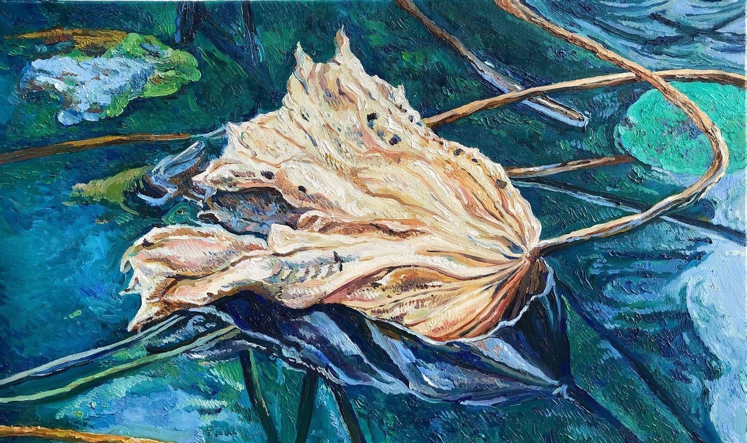 关于干枯荷叶的油画作品来自90后年轻画家沈秋斌|90后|荷叶|油画_新浪