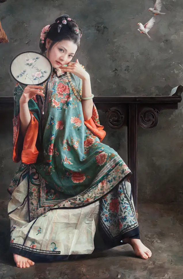 王明月笔下的中国古代女性油画,画中女性具有东方女子的含蓄之美