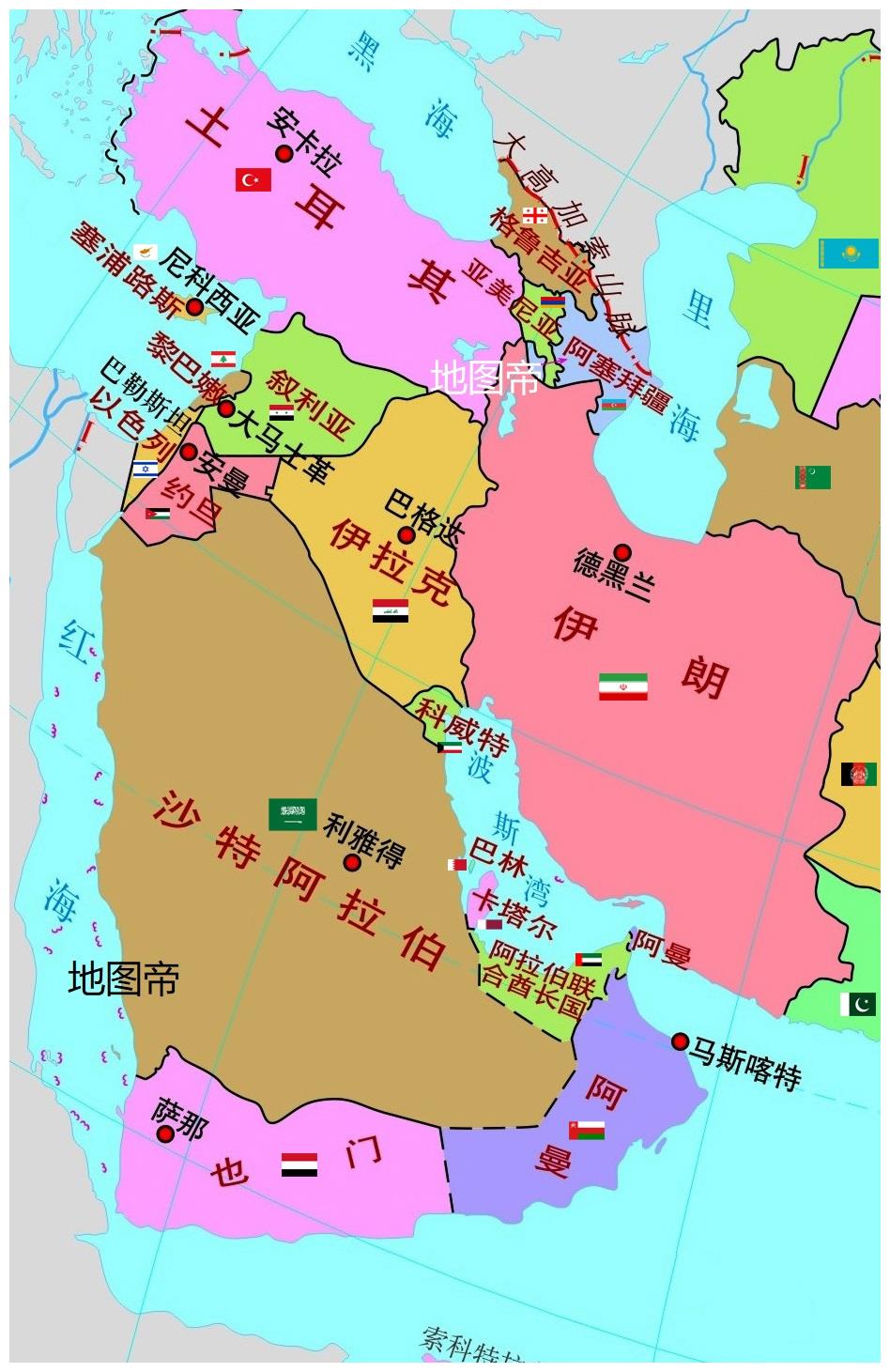 阿拉伯半岛大部的沙特阿拉伯,以及位于阿拉伯半岛南部的卡塔尔,阿联酋