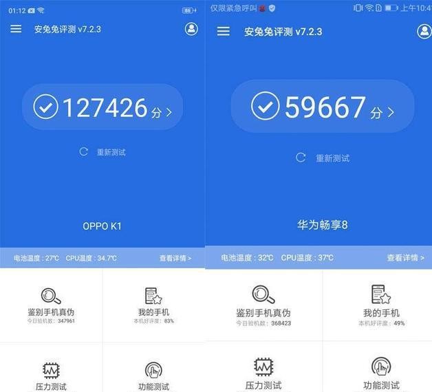 我们再看看跑分对比,根据安兔兔平台测评结果显示,oppo k1得分127426