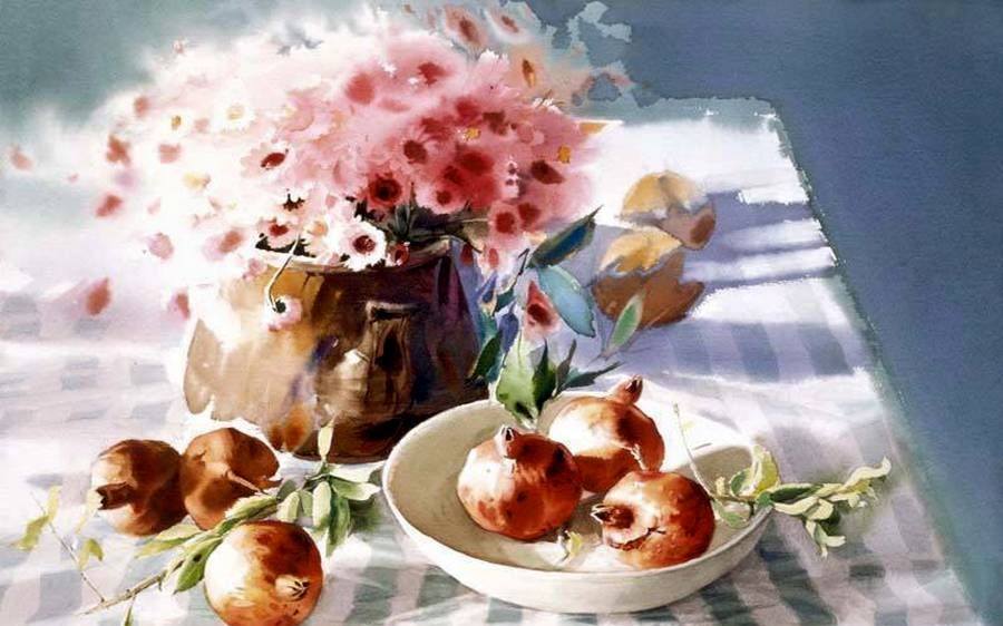 水彩画:精致的静物花卉作品-艺术家you mee park