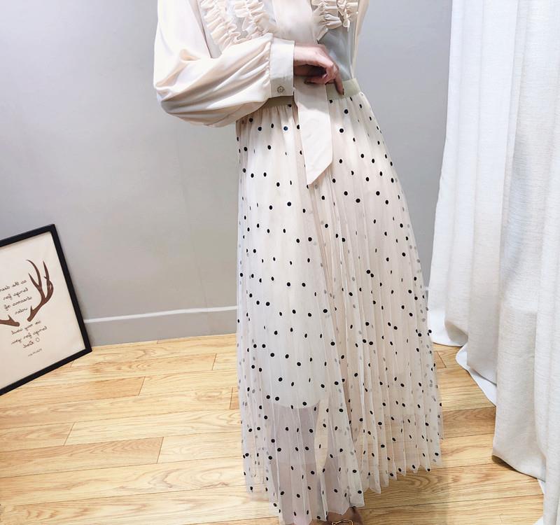 温柔仙女高腰中长款波点网纱a字百褶半身裙 三,格子半身裙