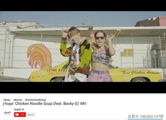防弹少年团郑号锡solo曲《Chicken Noodle Soup》MV播放次数突破1亿次