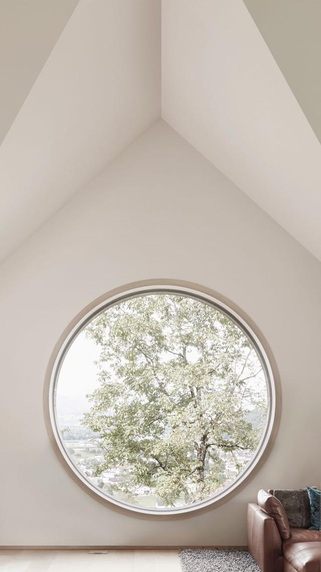 由设计的三个大圆形窗户刺穿了俯瞰奥地利莱茵河谷的这座的外墙