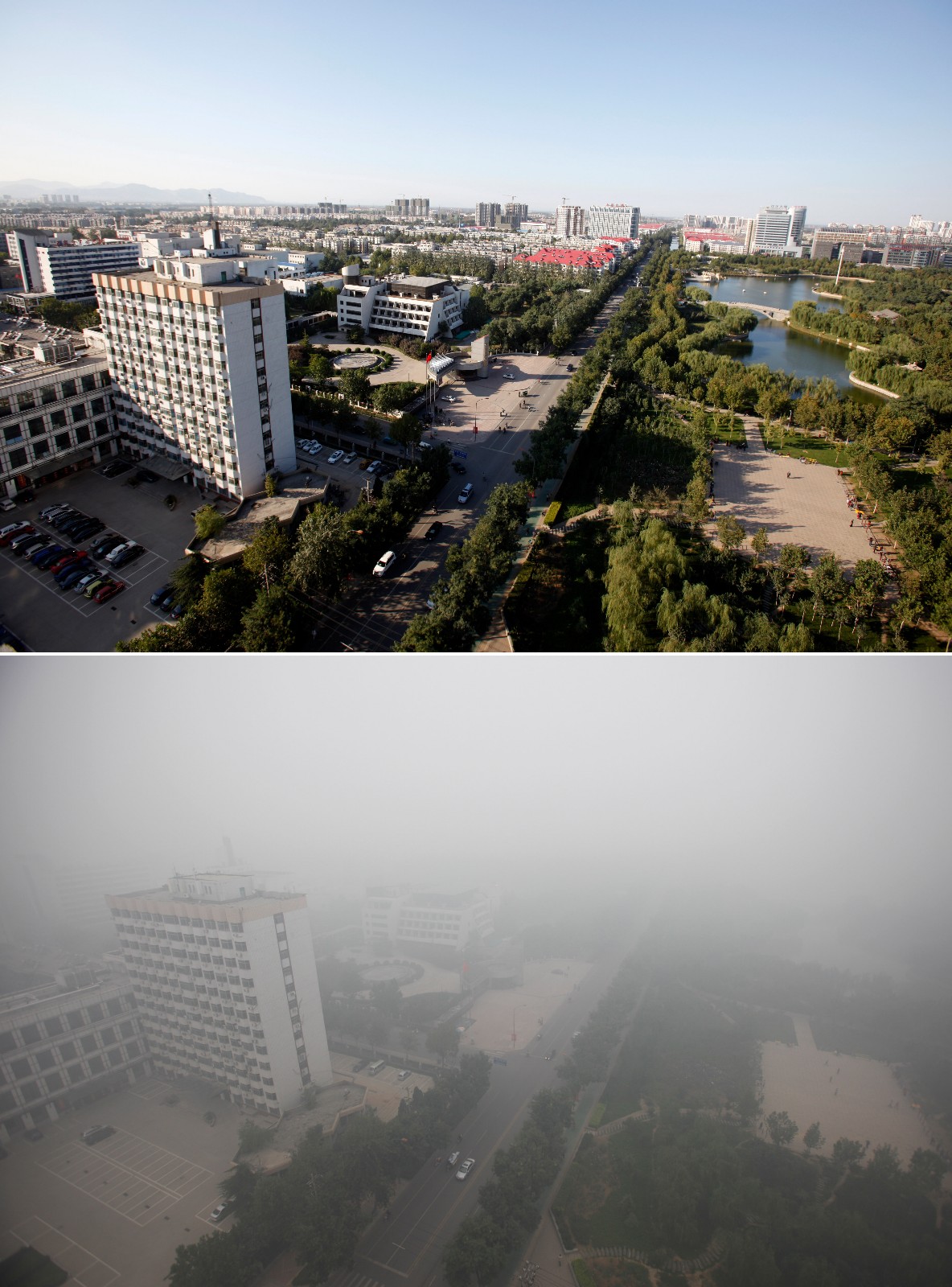 雾霾蓝天对比图： 重霾之下 城市失色