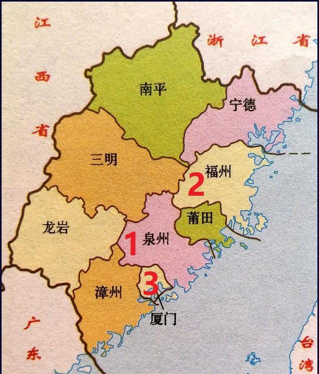 下面就是福建省地图上面的泉州市,福州市和厦门市.