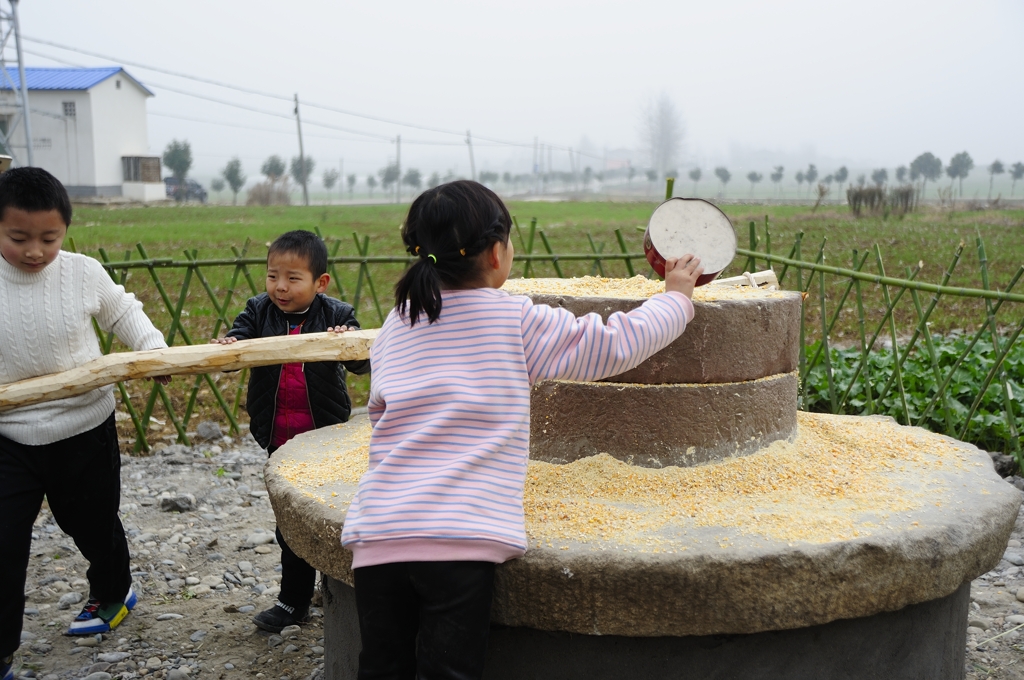 南水北调移民村清凉寺村第二届牛肉节三个推磨的孩子
