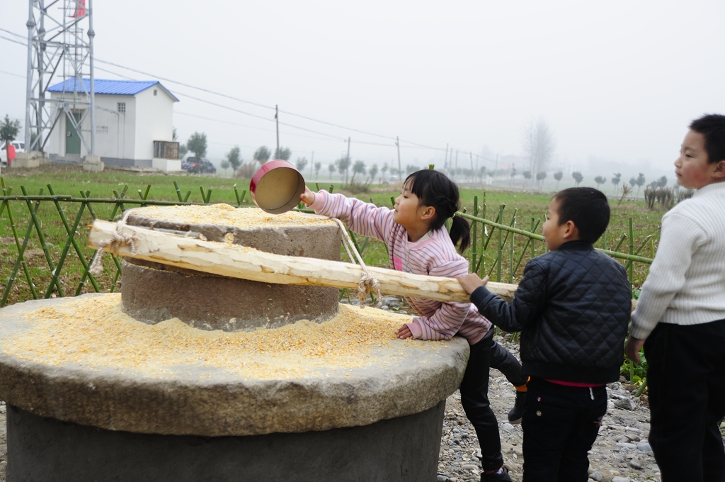 南水北调移民村清凉寺村第二届牛肉节三个推磨的孩子