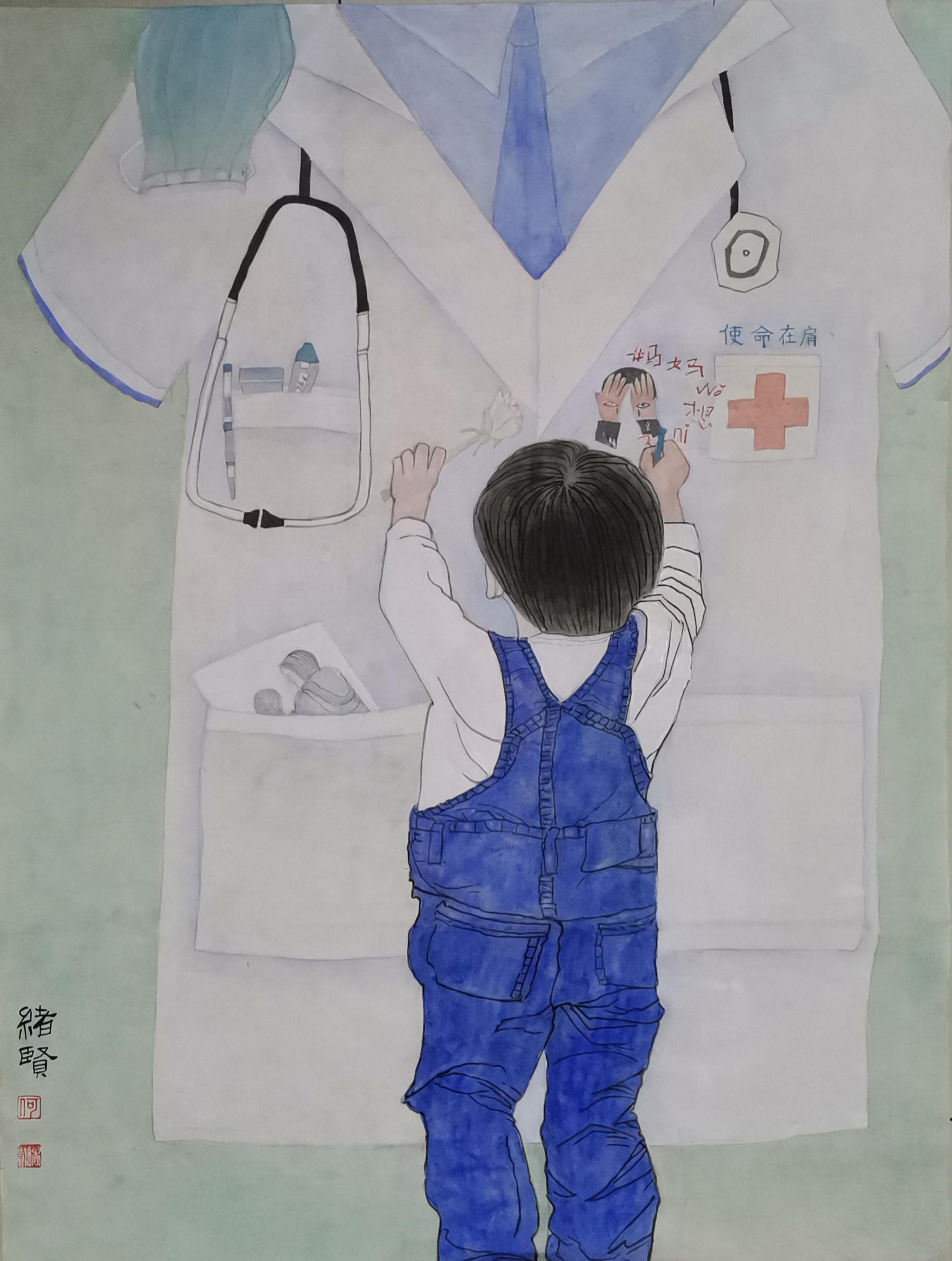 画家何绪贤致敬白衣天使创作的新作品《妈,您不要惦记我》