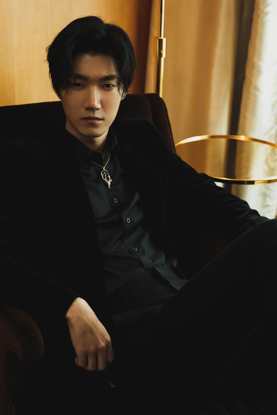 王晰黑色丝绒礼服小鹿造型项链流露温柔绅士风度写真