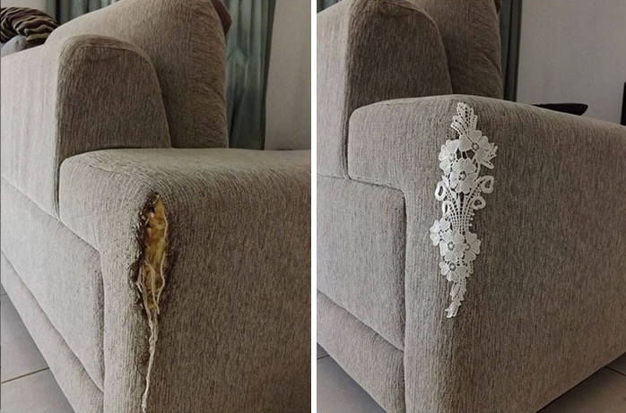 沙发破洞很难看,妙手缝补过后简直就是件艺术品.