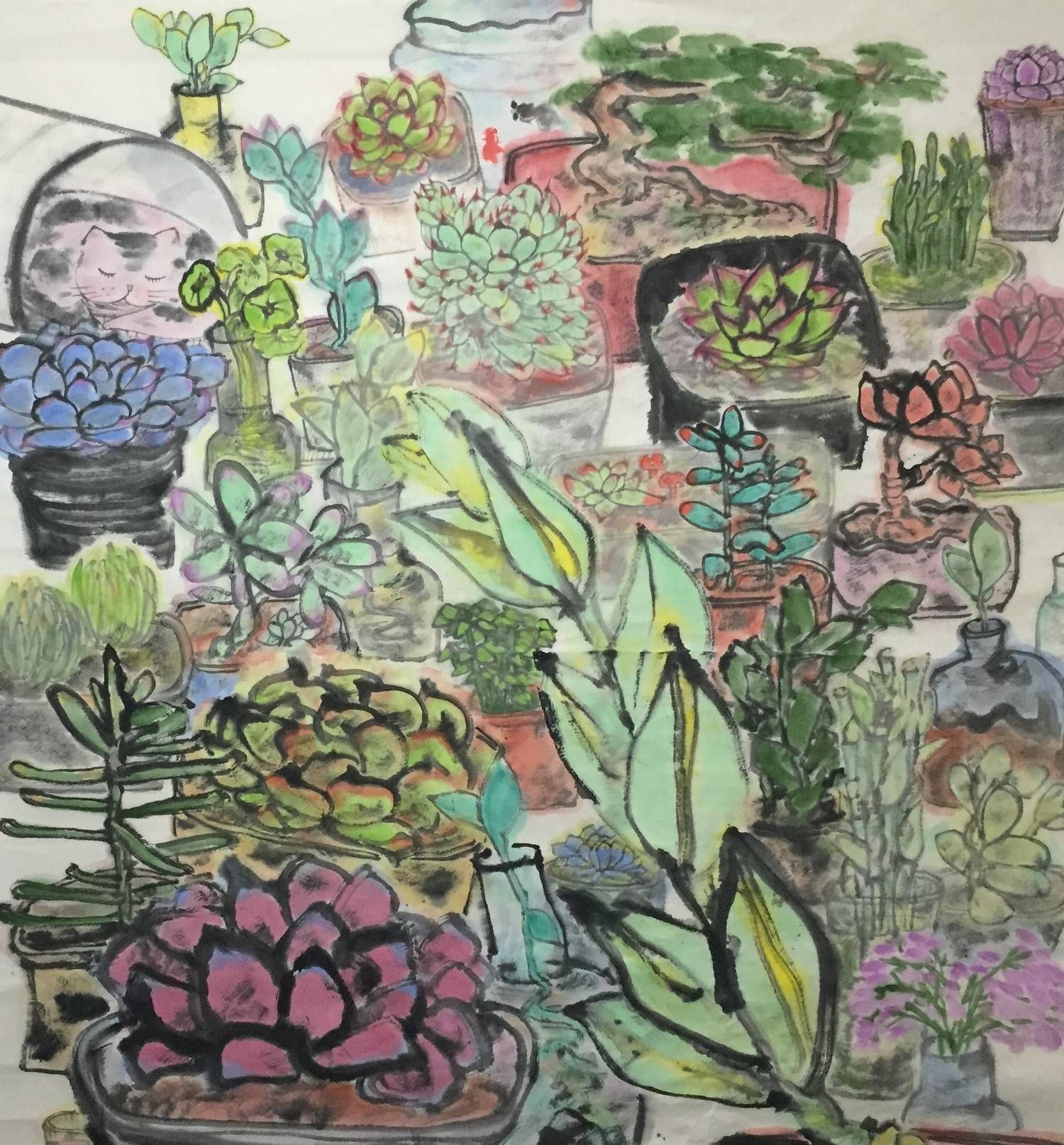关于多肉绿植的国画作品由湖南师范大学美术学院毕业研究生创作