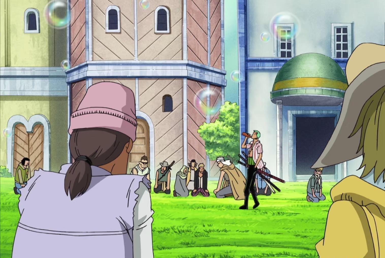 初到香波地群岛的时候,索隆依照惯例自己先走丢一段时间,不巧天龙人