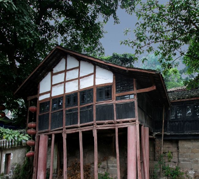 传统民间明清古建筑群——木结构、青瓦屋面的四川沿口古镇民居