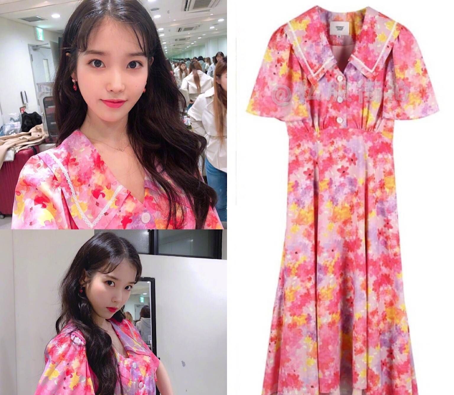 照片中iu李知恩穿上充满了春天气息的粉色花花裙,甜美笑容撩到不少