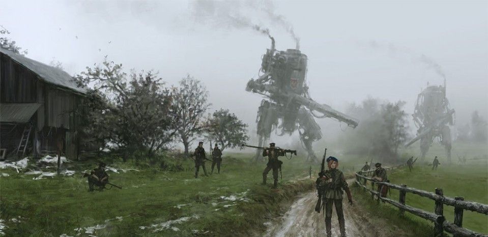 20世纪早期攻击东欧农民的机甲机器人和