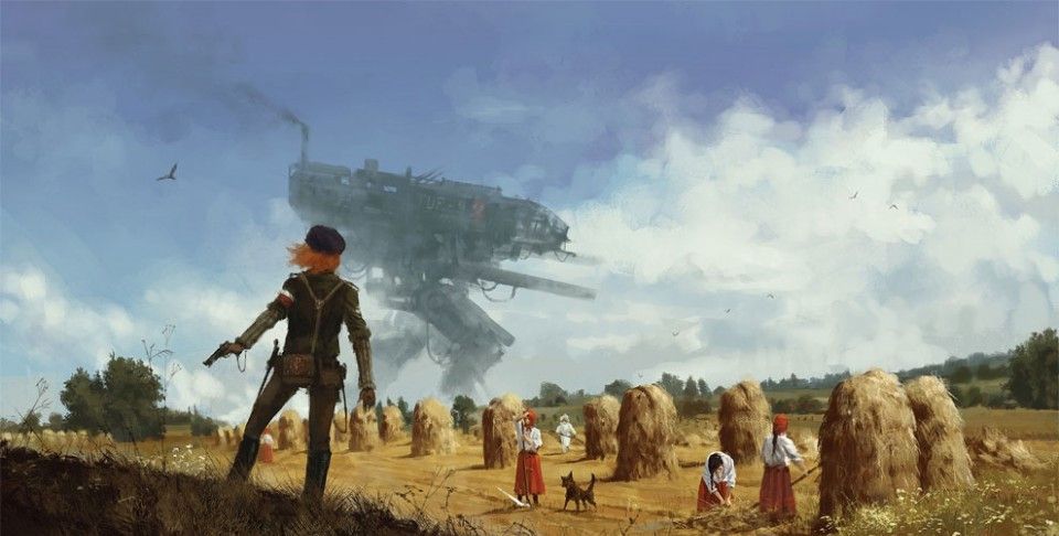 20世纪早期攻击东欧农民的机甲机器人和