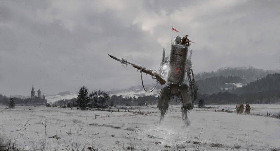 20世纪早期攻击东欧农民的机甲机器人和