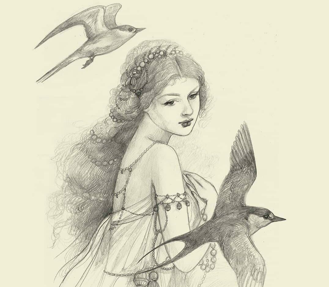 北欧精灵少女素描笔触繁复细腻生动有一种沁人心肺的美