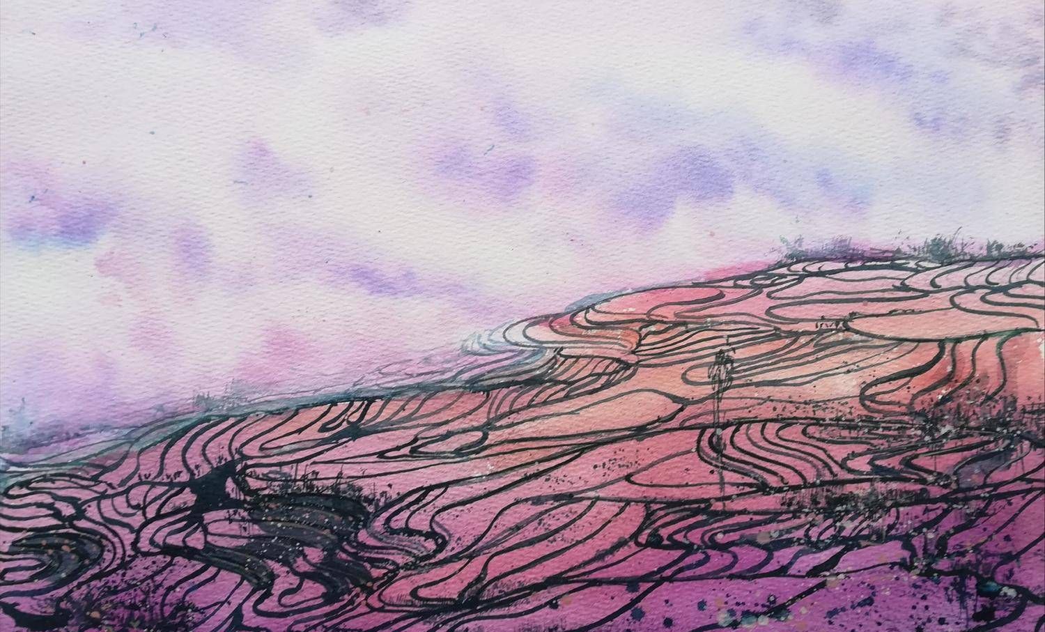 有水彩表现梯田的水彩画作品欣赏