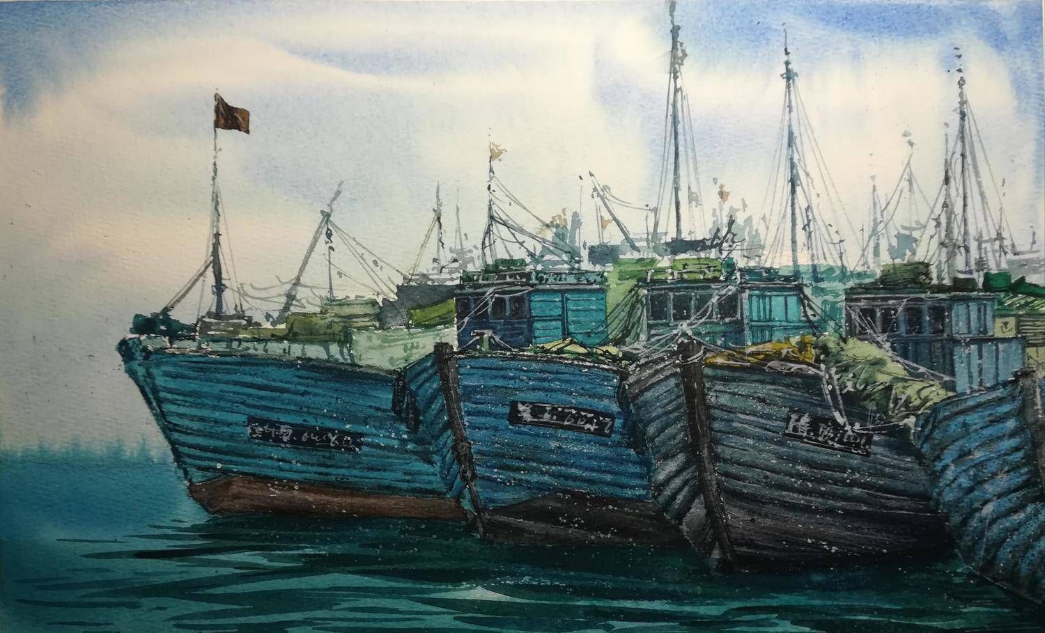 水彩画海上渔船的作品欣赏