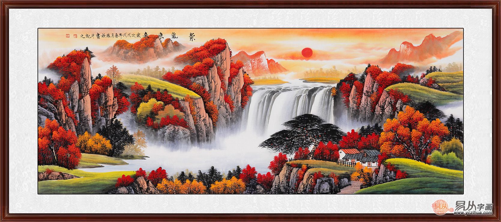 刘燕姣的这幅画作中万山环绕逶迆,碧水长流,苍松挺拔,山头点缀这惹眼