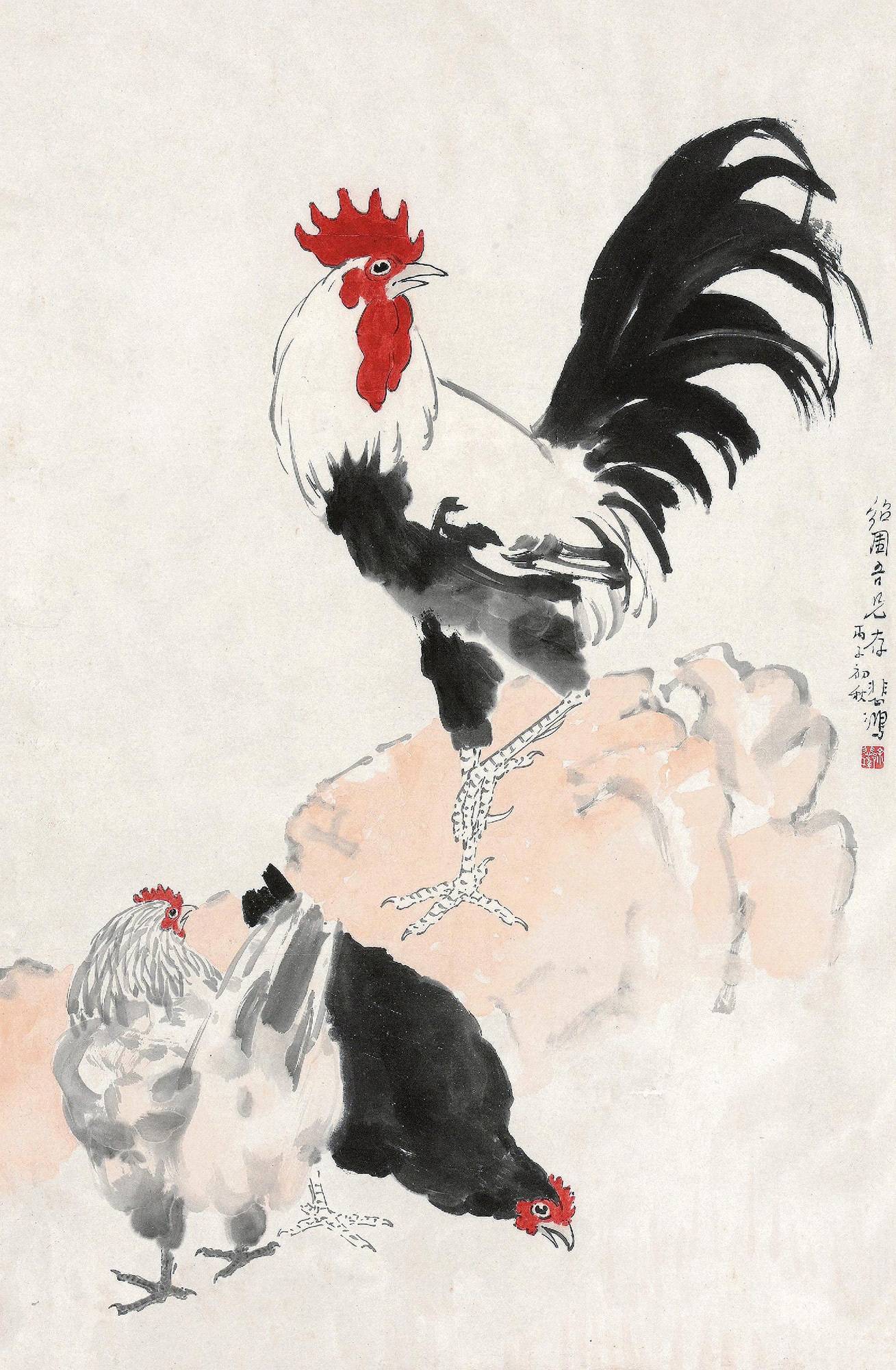 唐寅《画鸡》 67头上红冠不用裁,满身雪白走将来.