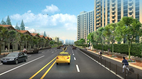 4公里,32米宽,道路全线白改黑,双向四车道,按城市次干路标准设计,工程