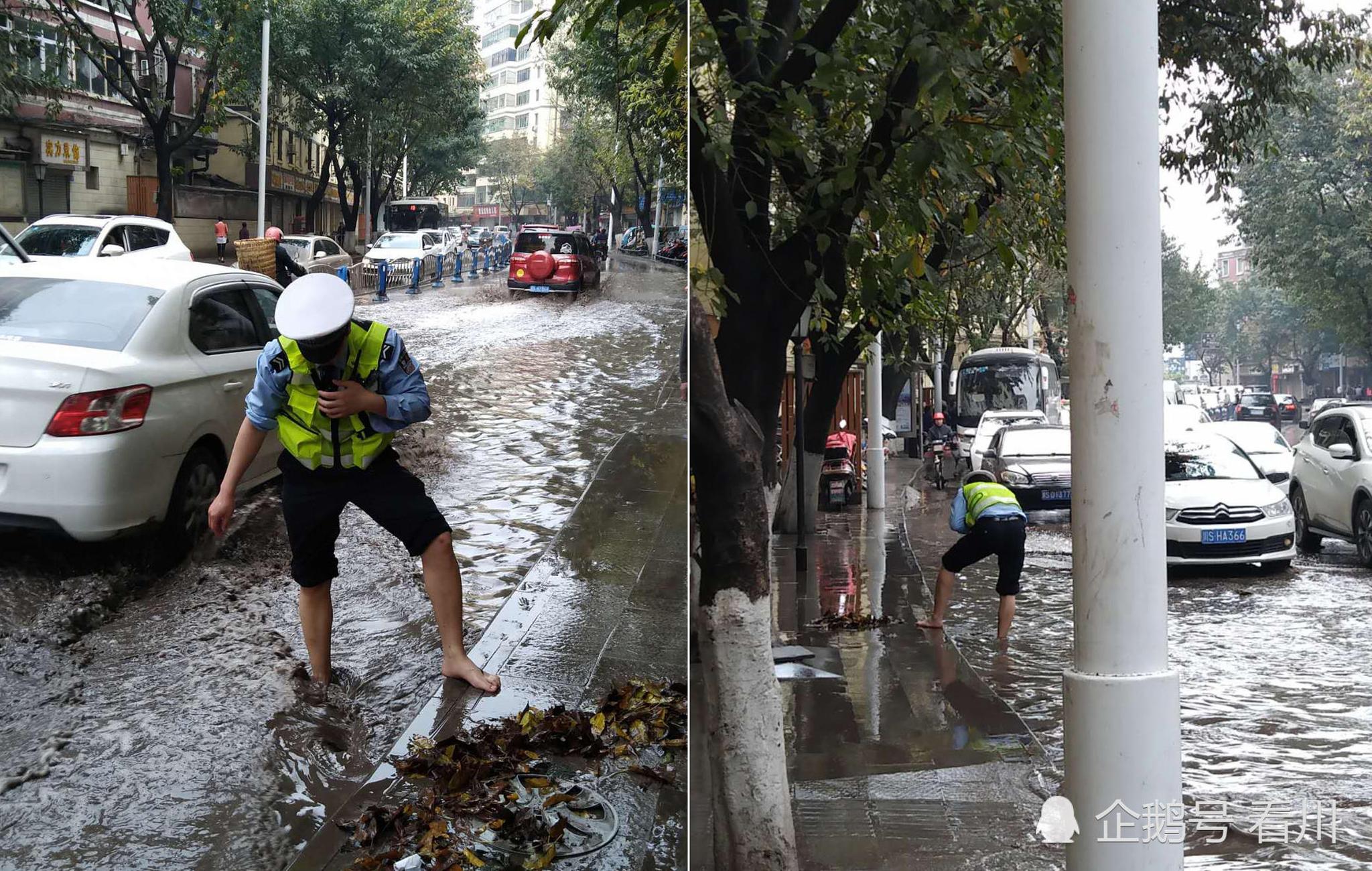 暴雨致城市内涝交通拥堵，交警赤脚跪地徒手掏下水道垃圾|垃圾|辅警|跪地_新浪新闻