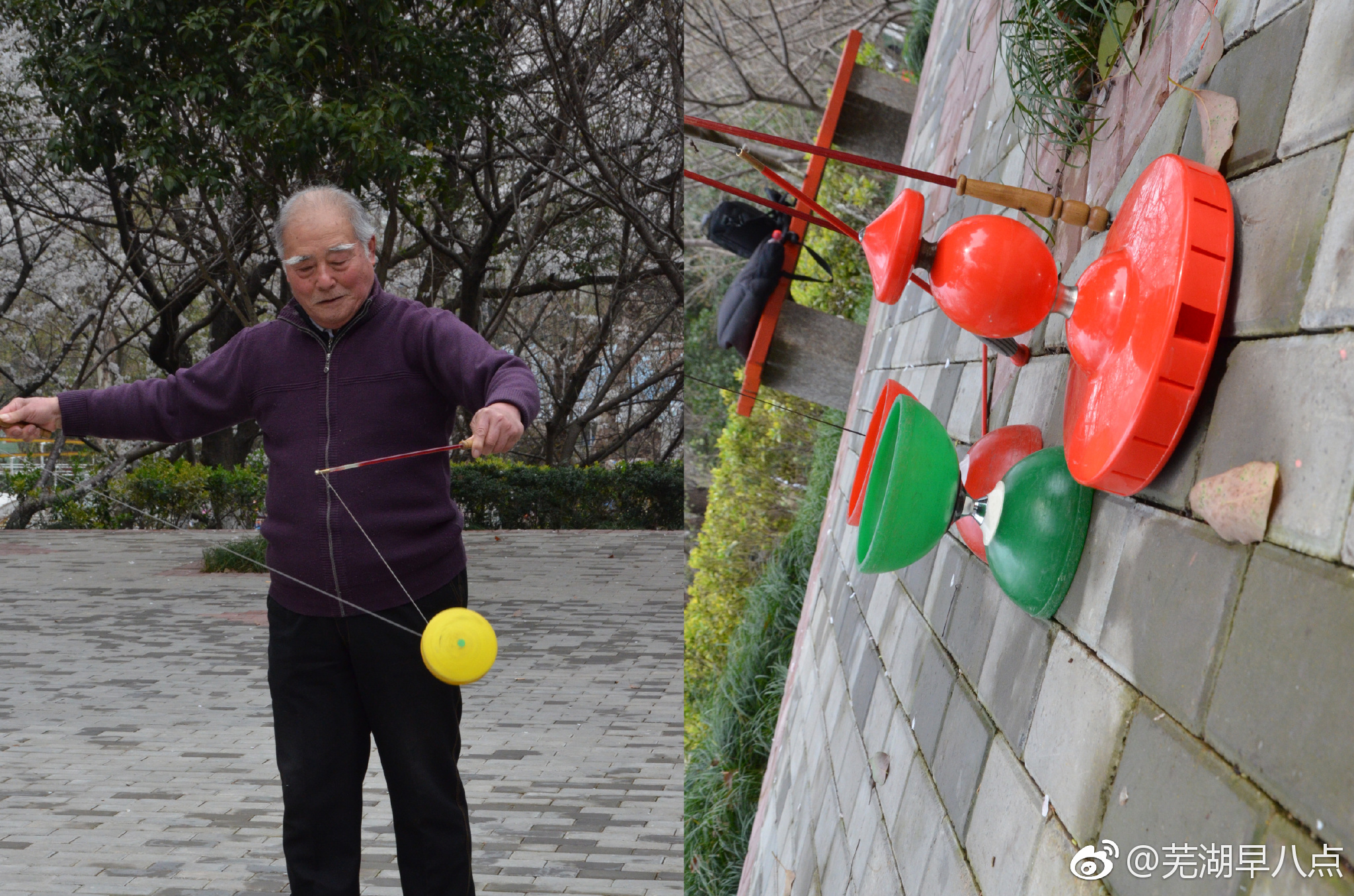 老人公园表演抖空竹绝技 把空竹玩出花来了