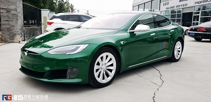 特斯拉model s车身改色邮政绿 rg瑞集改色膜北京加盟店出品