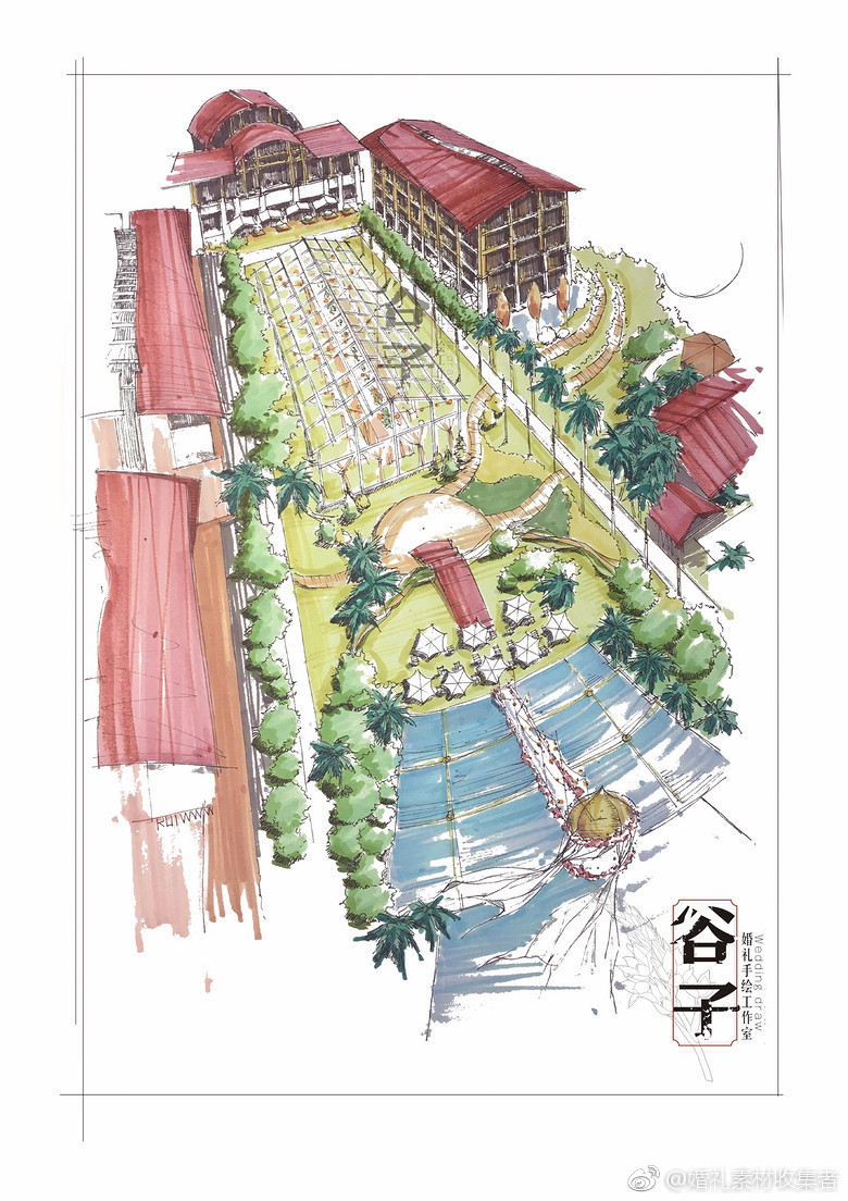 婚礼纸面手绘大场景户外鸟瞰设计稿.分享自:@婚礼手绘师谷子