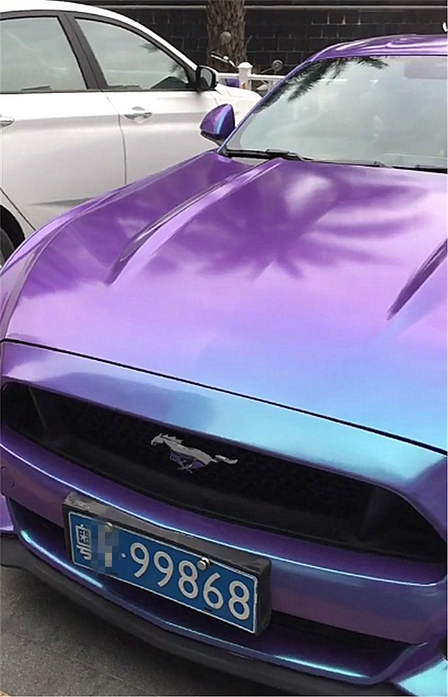 广东偶遇一辆彩色的福特野马车漆非常养眼车主是富二代