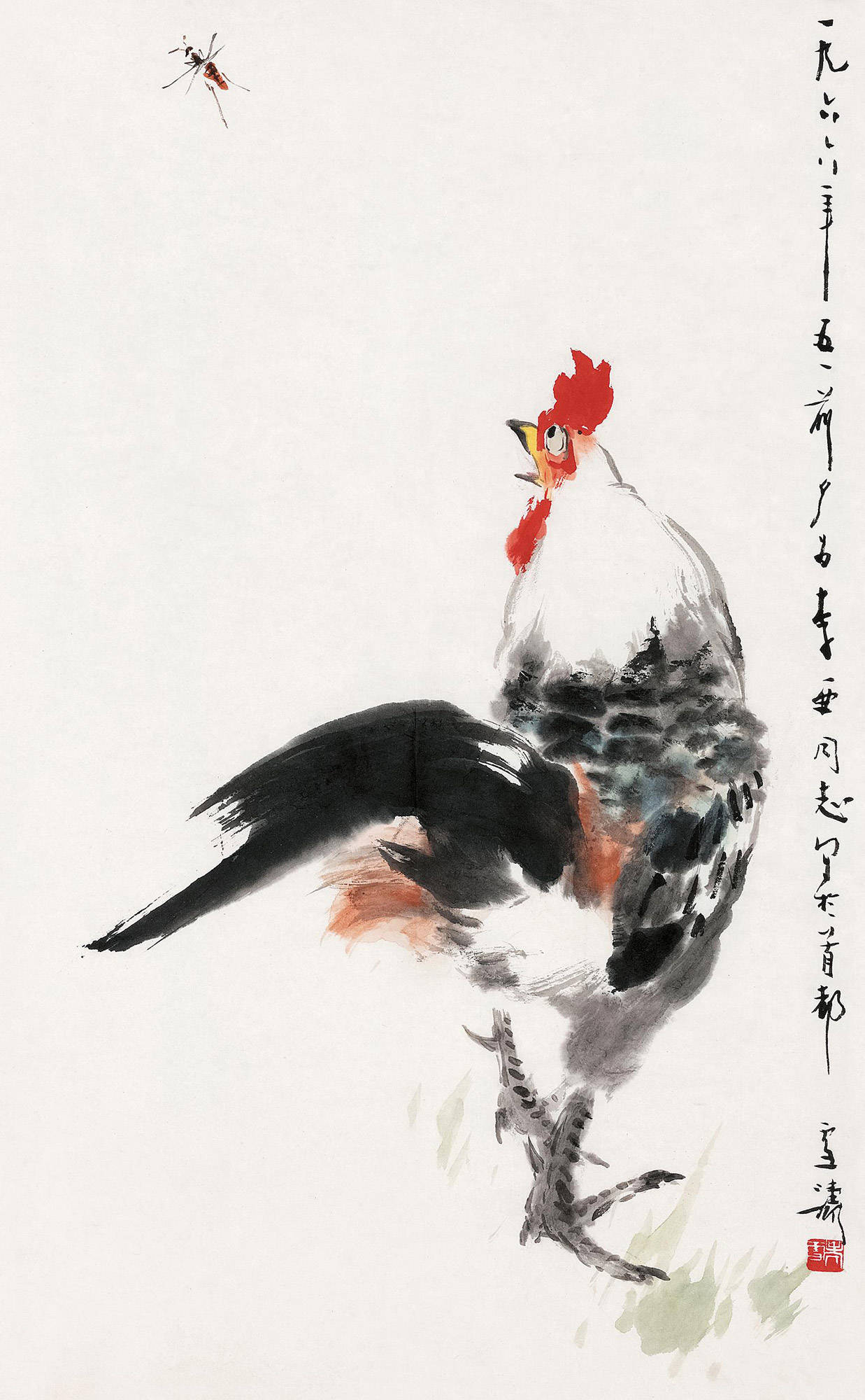 唐寅《画鸡》 67头上红冠不用裁,满身雪白走将来.