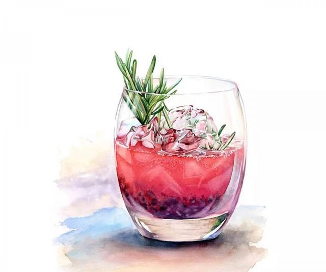 这组水彩画描绘的都是很小清新的食物,夏日里的冷饮和桑葚汁,裂开的