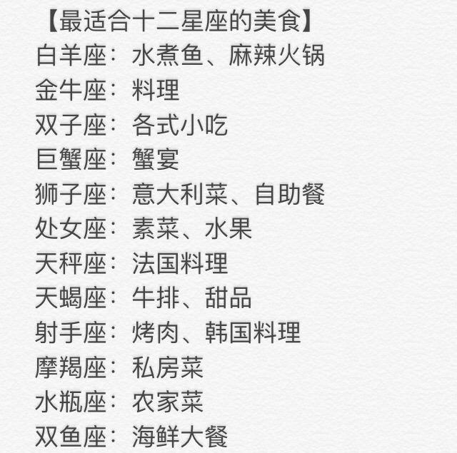 双子座:各式小吃金牛座:料理白羊座:水煮鱼,麻辣火锅最适合十二星座的