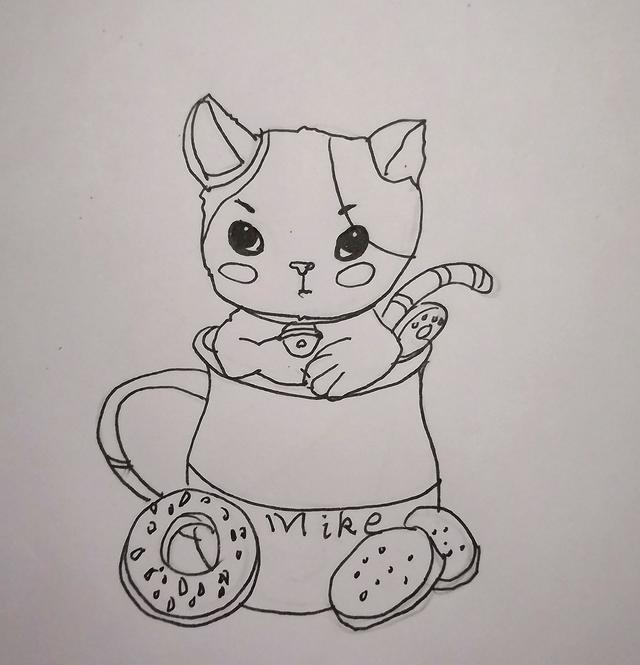 手绘黑白素描可爱萌萌哒的杯中猫,可爱又萌有学问的猫