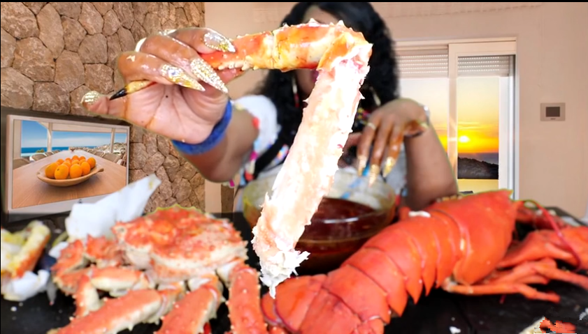 外国美女直播吃帝王蟹,整容精致表情狰狞,网友:跪求口红链接