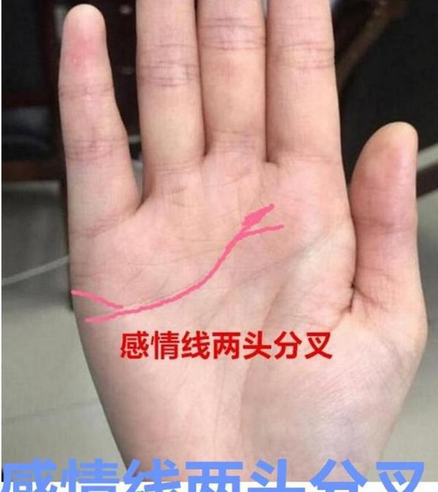 感情线两头分叉,分裂有横切线穿过或者不利符号,一旦出现这些不利现象