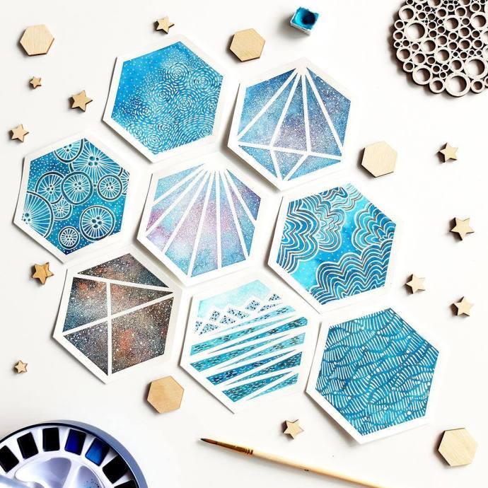 夏日清新水彩小画 用纸胶带分割画面