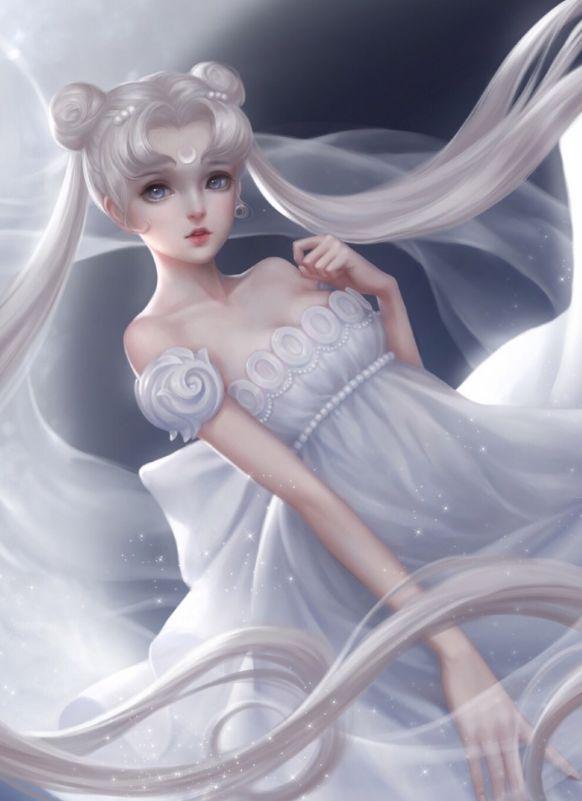 漫画月野兔把自己打扮成一个可爱的小女生,蓝色的吊带裙看上十分的